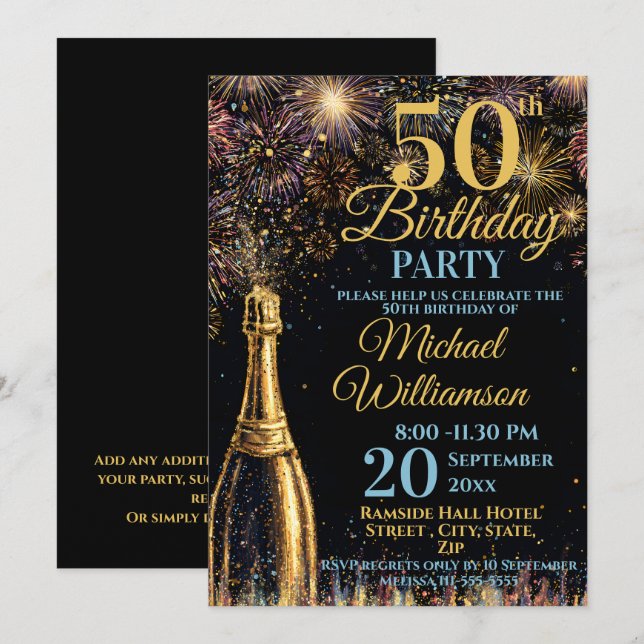 Invitation 50th Birthday Bubbly Fireworks Gold Blue (Devant / Derrière)