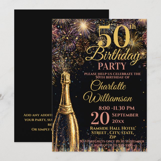 Invitation 50th Birthday Bubbly Fireworks Gold Pink (Devant / Derrière)