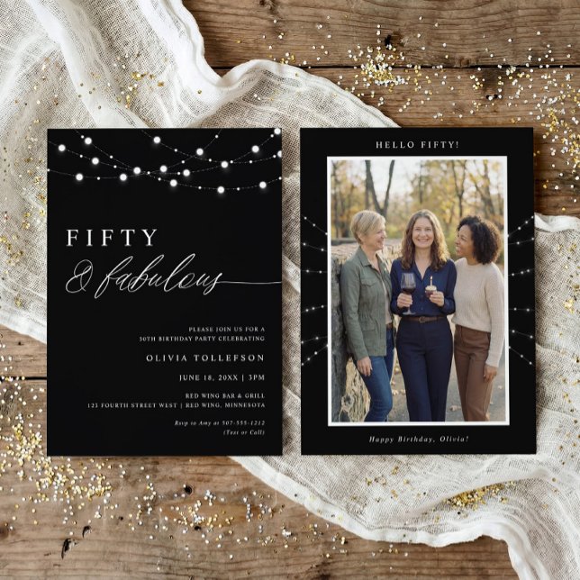 Invitation 50th Birthday Party Fifty & Fabulous Modern (Modern fifty fabulous 50th birthday invitation with white glitter accents and photo back design)