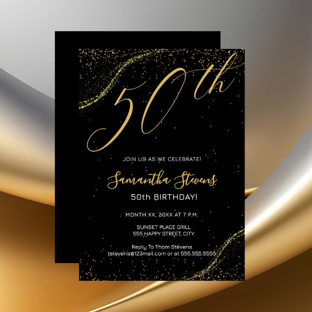 Invitation 50th Birthday Party Gold and Black (Gold 50th Birthday Party Invitation on Black)