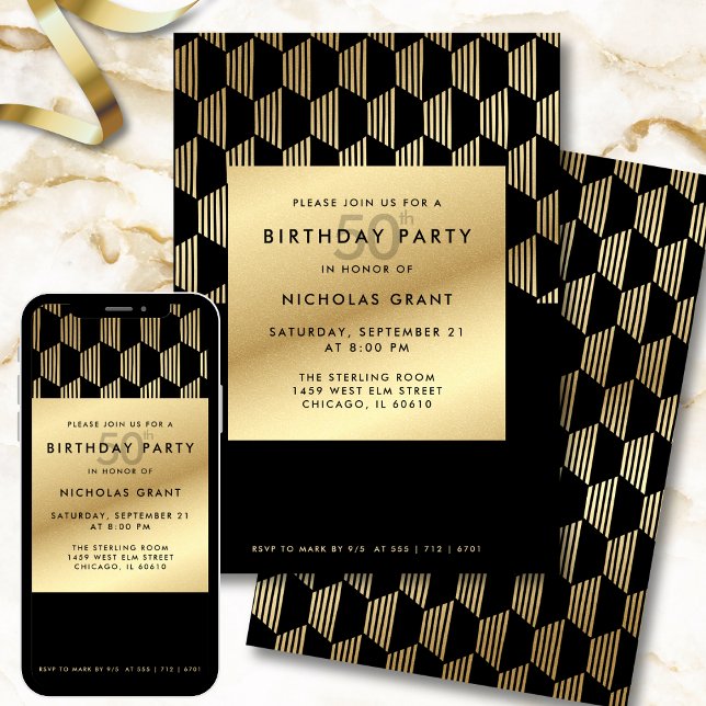 Invitation 50th Birthday Party Modern Black and Gold Foil (Créateur téléchargé)