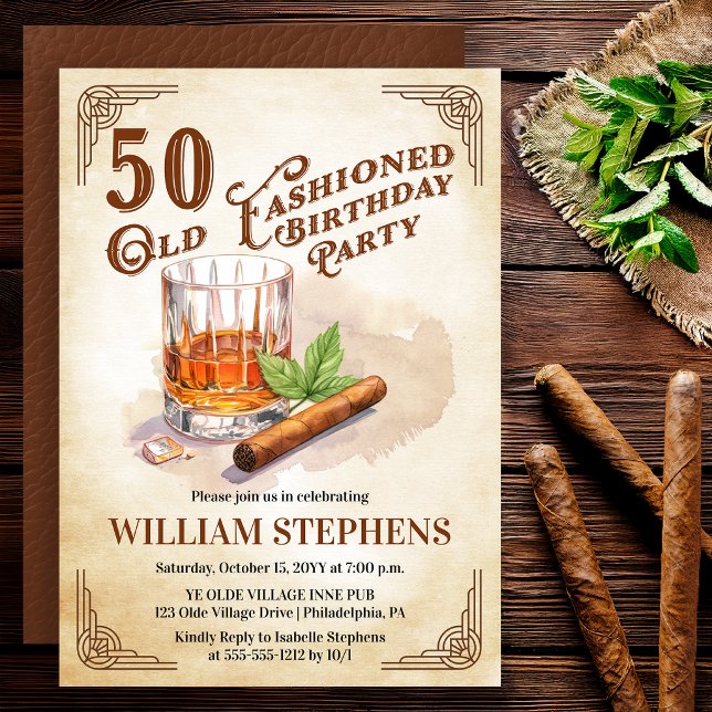 Invitation 50th Old Fashioned Whiskey Cigar Birthday Party (Old Fashioned whiskey 50th birthday invitation with vintage masculine style)