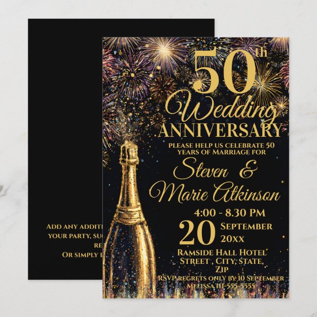 Invitation 50th Wedding Anniversary Bubbly Celebration Gold (Devant / Derrière)