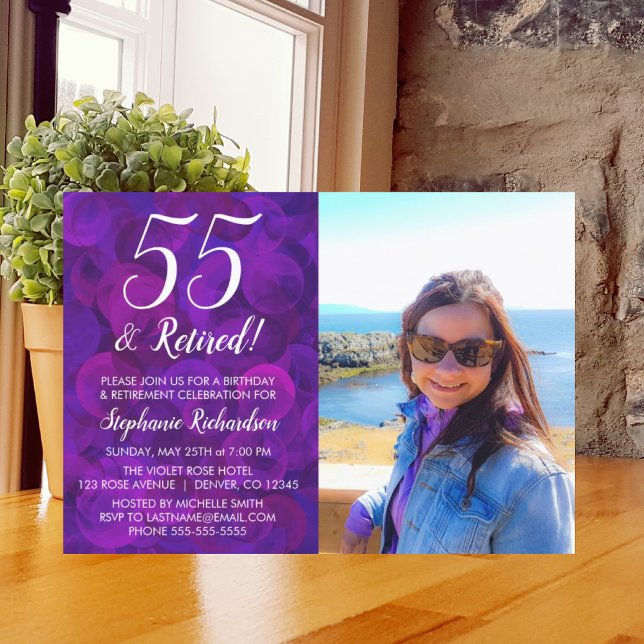 Invitation 55 ans et retraite Élégante retraite violette d'an (Créateur téléchargé)