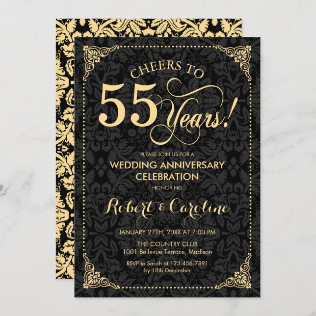 Invitation 55e anniversaire de mariage - Damask noir or (Devant / Derrière)