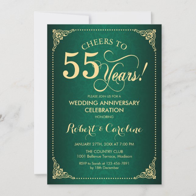 Invitation 55e anniversaire de mariage - Damask or et vert (Devant)