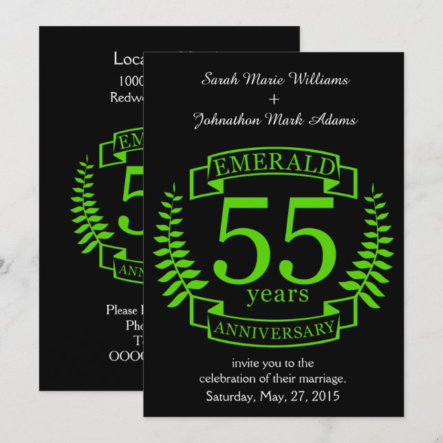 Invitation 55e ANNIVERSAIRE DE MARIAGE ÉMERAUDE (Devant / Derrière)