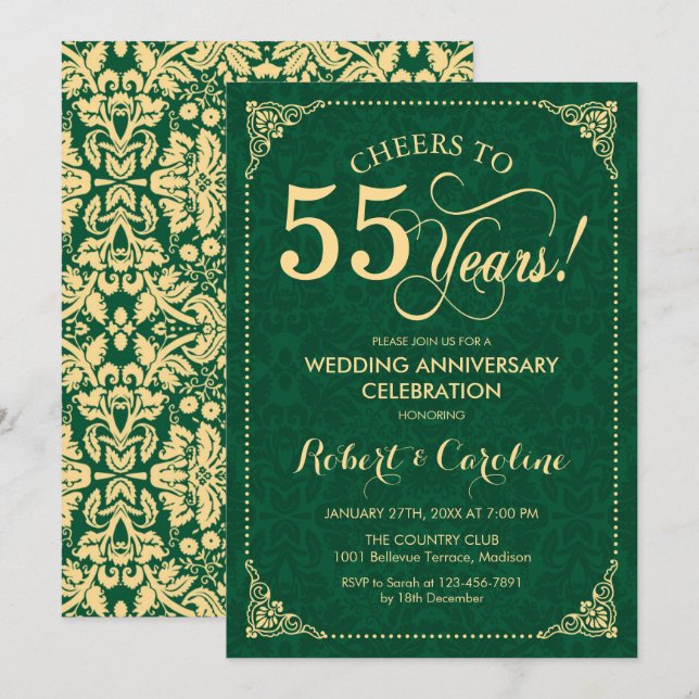 Invitation 55e anniversaire de mariage Vert Emeraude Or Damas (Devant / Derrière)
