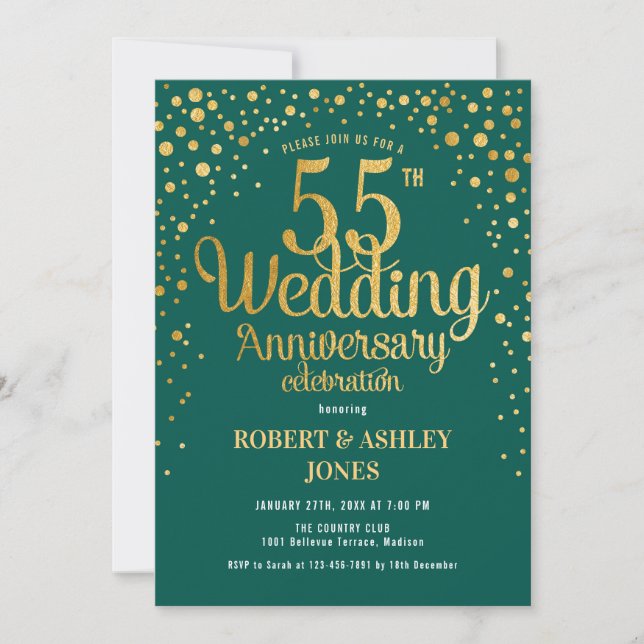 Invitation 55e anniversaire de mariage - Vert & Or (Devant)