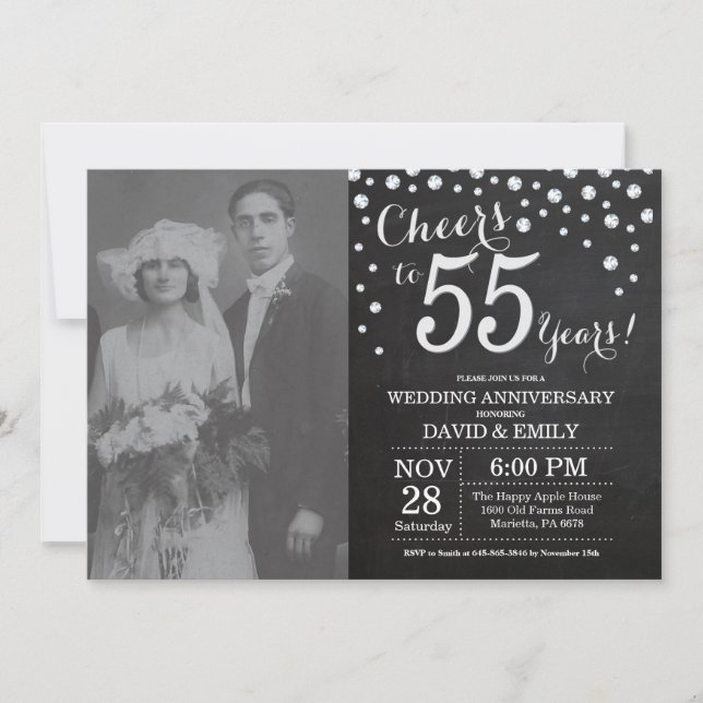 Invitation 55e anniversaire du Mariage Chalkboard Black Silve (Devant)