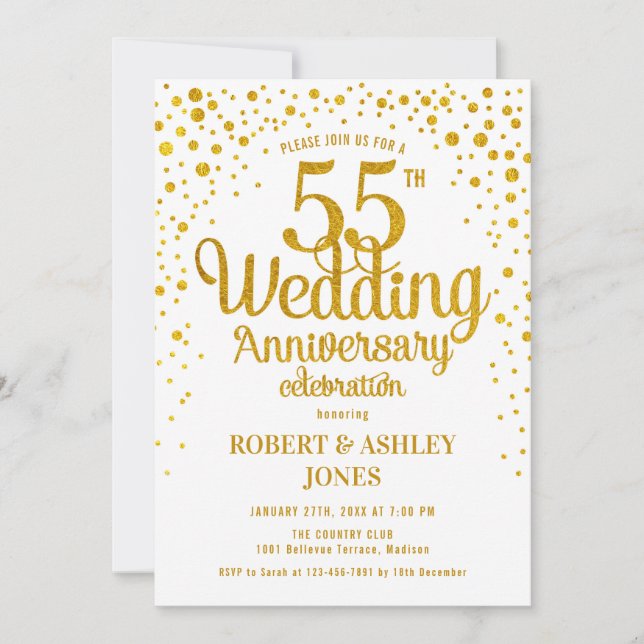 Invitation 55e anniversaire du Mariage - Or et blanc (Devant)