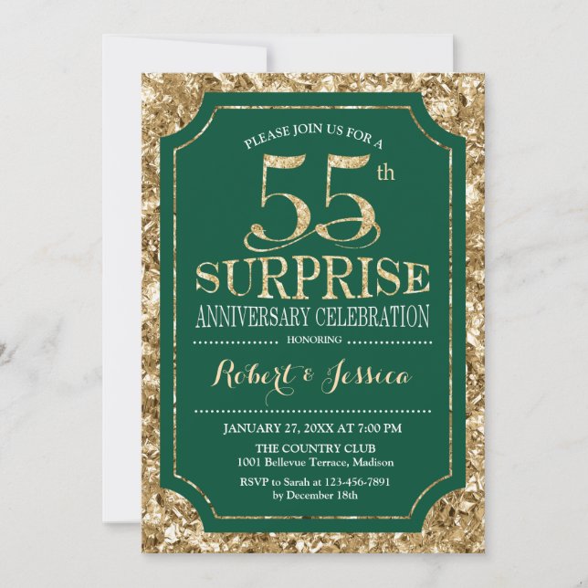 Invitation 55e anniversaire du Mariage surprise - Or vert (Devant)