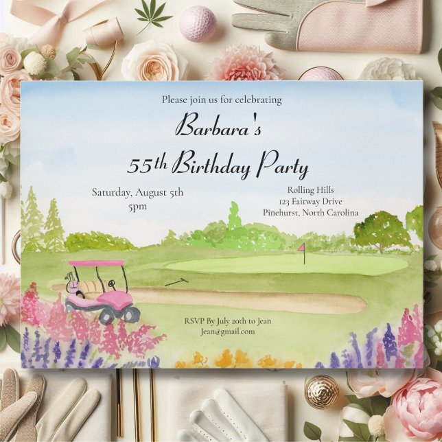 Invitation 55e anniversaire Party Pink Golf Cart Golf Course (Créateur téléchargé)