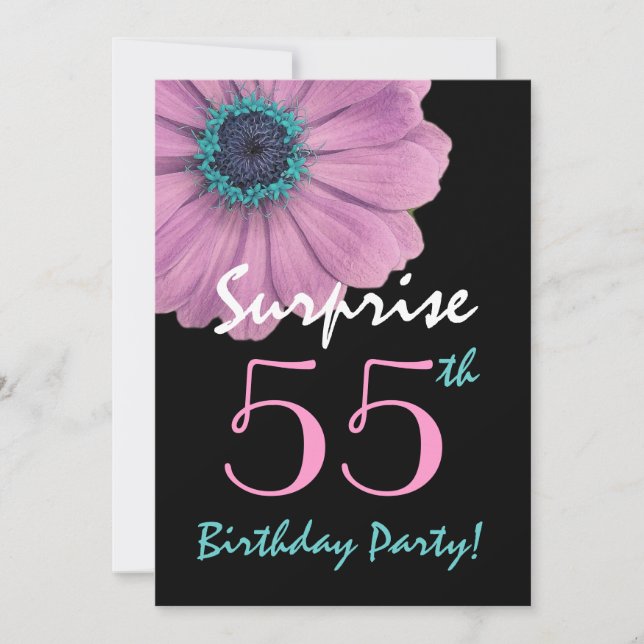 Invitation 55e anniversaire surprenant, jolie fête rose (Devant)