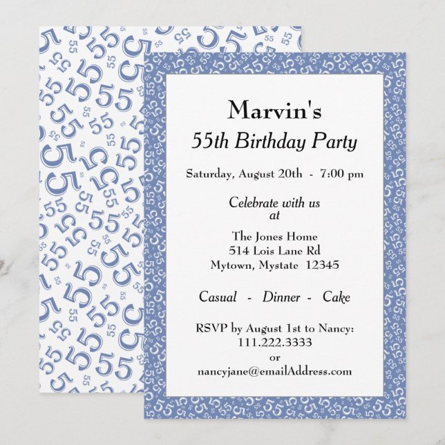 Invitation 55e fête d'anniversaire, Motif de numéro bleu/blan (Devant / Derrière)