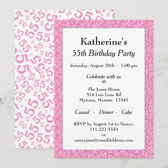 Invitation 55e fête d'anniversaire, Motif numérique rose/blan (Devant / Derrière)