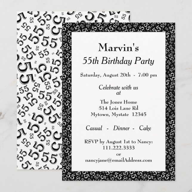 Invitation 55e fête d'anniversaire, noir/blanc Motif numériqu (Devant / Derrière)