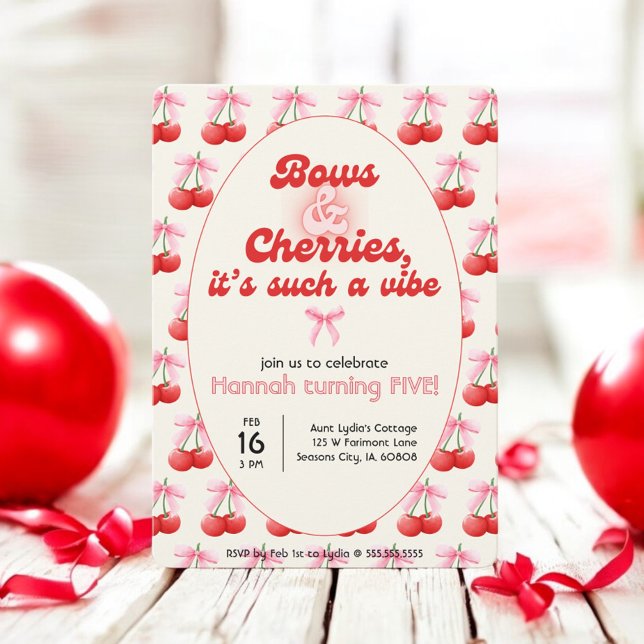 Invitation 5 Anniversaire Coquette Cerises Bows Bulles Lettre (Créateur téléchargé)
