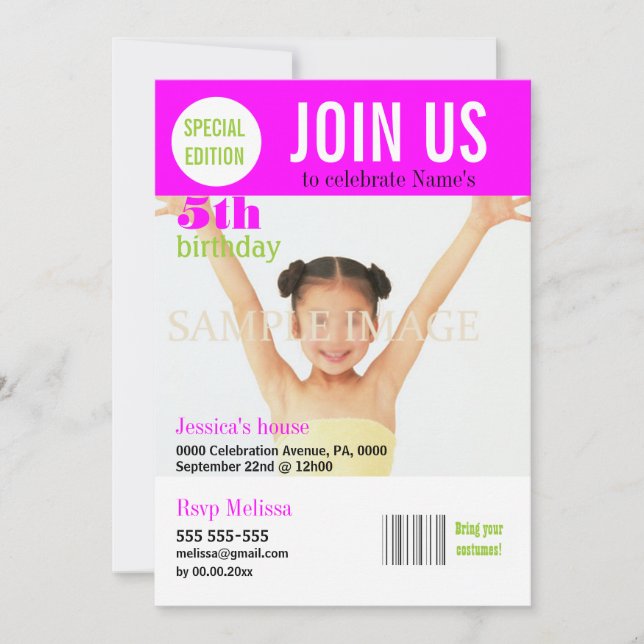 Invitation 5 ans de filles roses PERSONNALISER (Devant)