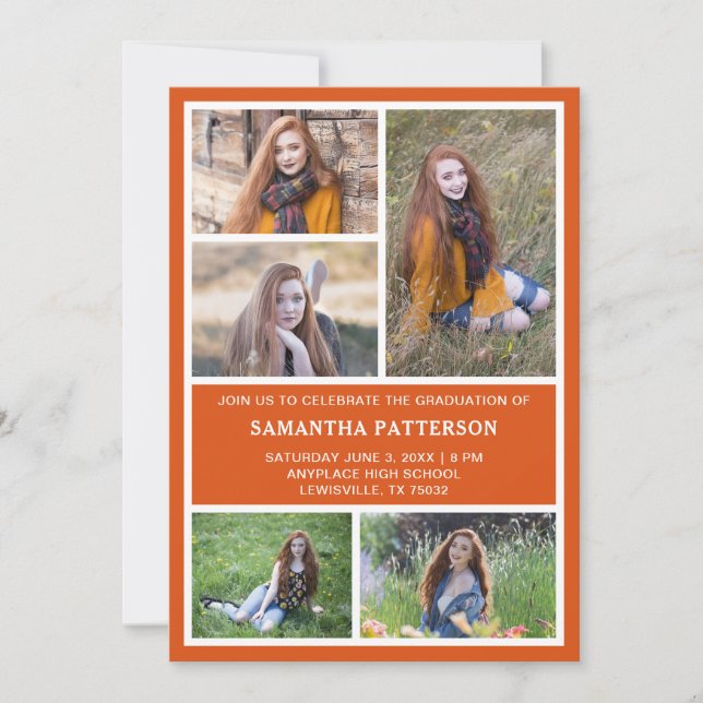 Invitation 5 Collage photo Orange & White Graduation (Devant)