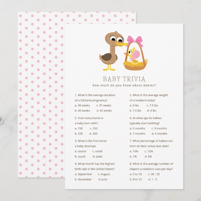 Invitation 5 Petits Canards Trivia bébé | Baby shower fille (Devant / Derrière)