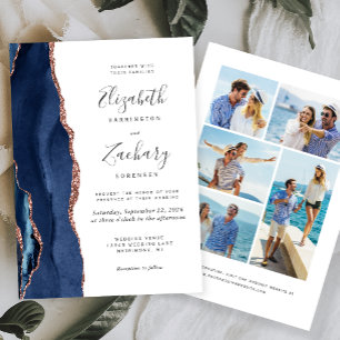 Invitation 5-Photo Bleu Marine Rose Gold Agate Mariage