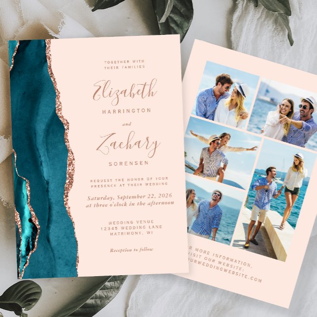 Invitation 5-Photo Teal Blue Rose Gold Agate Blush Wedding (Créateur téléchargé)