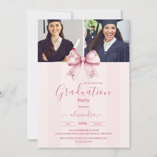 Invitation 5 Photos Coquette Blush Bow Graduation Party (Dos)