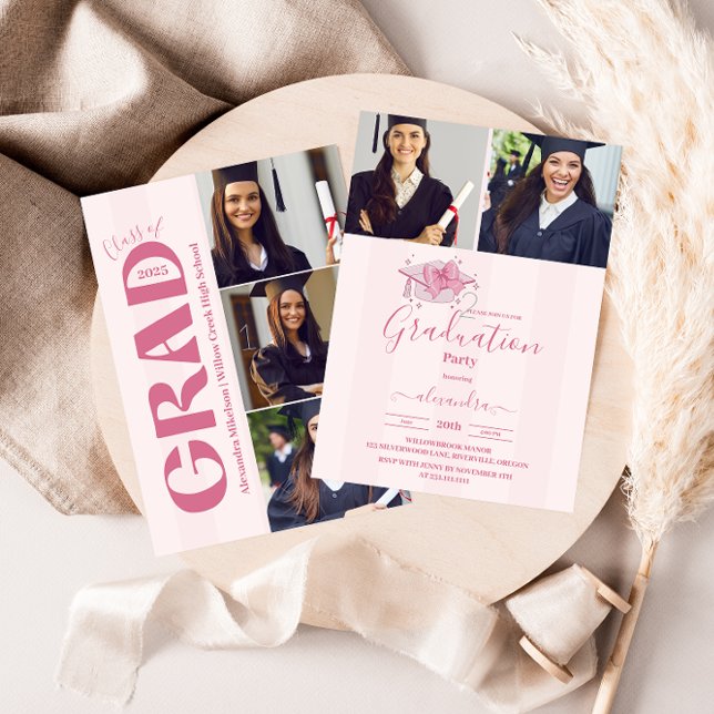 Invitation 5 Photos Coquette Pink Bow Graduation Party (Créateur téléchargé)