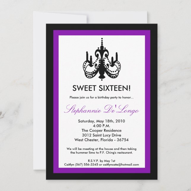Invitation 5 x 7 Chandelier Royal Purple 16 Anniversaire Invi (Devant)
