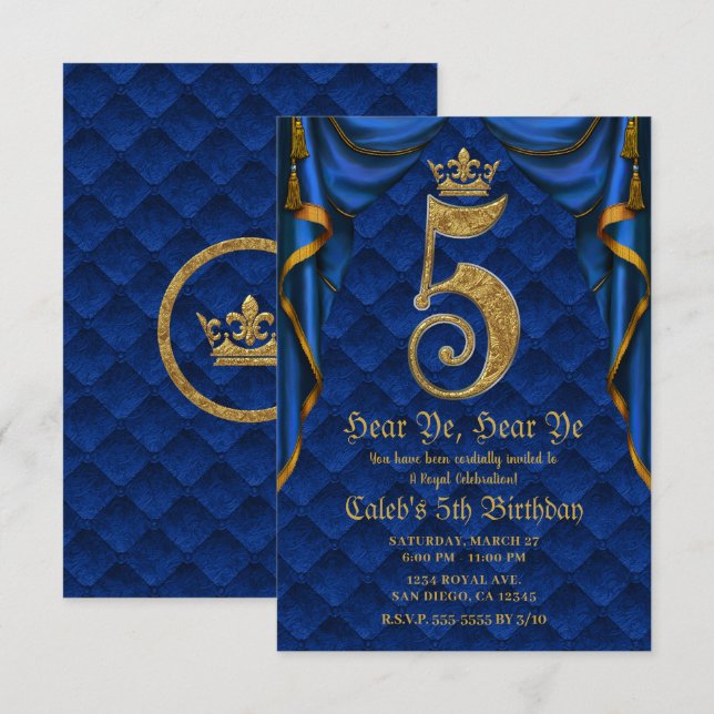 Invitation 5e 5 fête d'anniversaire Royal Blue Gold Crown (Devant / Derrière)