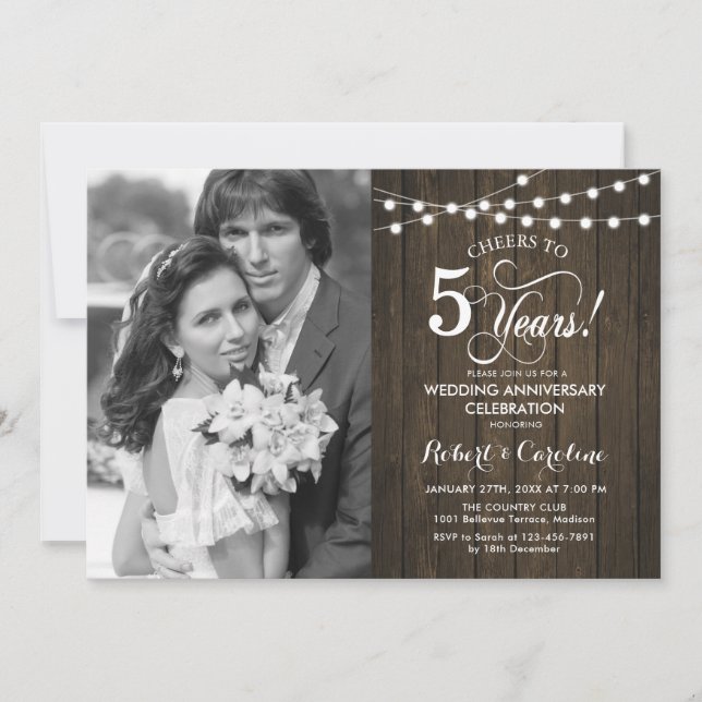 Invitation 5e anniversaire avec photo - Bois rustique (Devant)