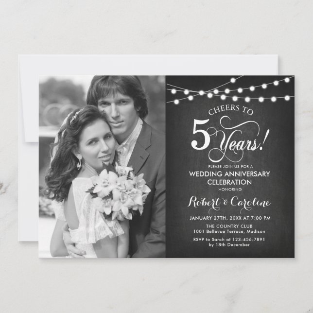 Invitation 5e anniversaire avec photo - Chalkboard White (Devant)