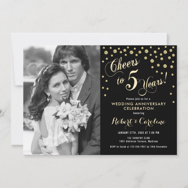 Invitation 5e anniversaire avec photo - Noir Or (Devant)