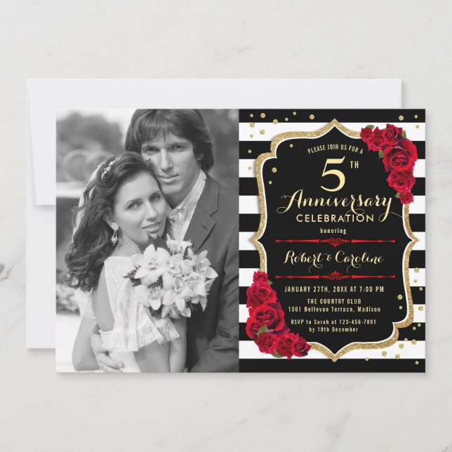 Invitation 5e anniversaire avec photo - Or Noir Rouge (Devant)