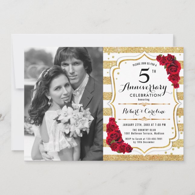 Invitation 5e anniversaire avec photo - Rouge or blanc (Devant)