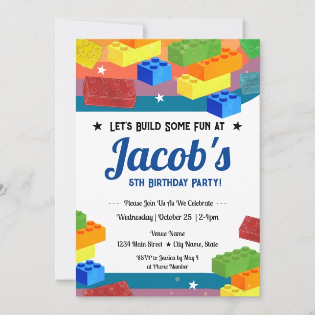 Invitation 5e anniversaire Blocs de construction amusant (Devant)