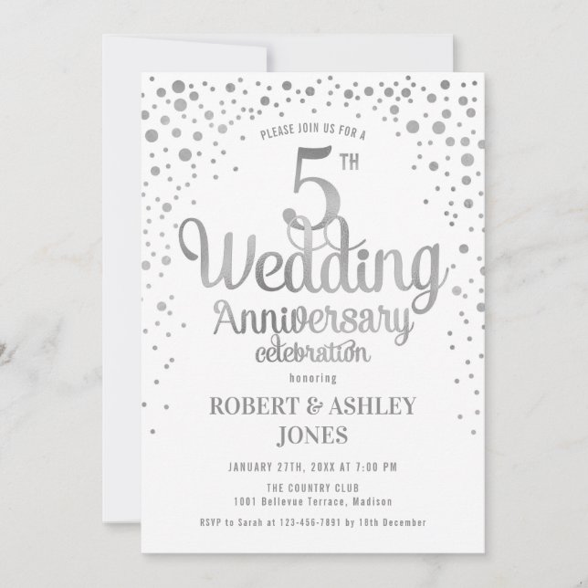 Invitation 5e anniversaire de mariage - Argent & Blanc (Devant)