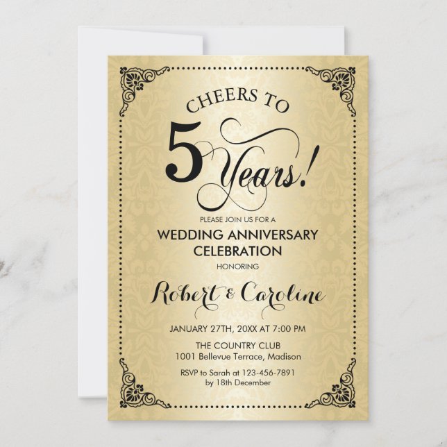Invitation 5e anniversaire de mariage - Damassé noir or (Devant)