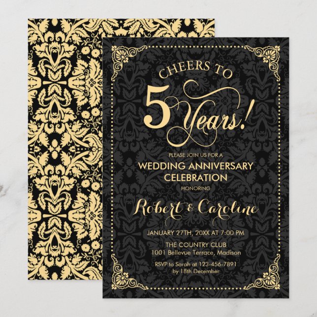 Invitation 5e anniversaire du Mariage - Damas Noir Or (Devant / Derrière)