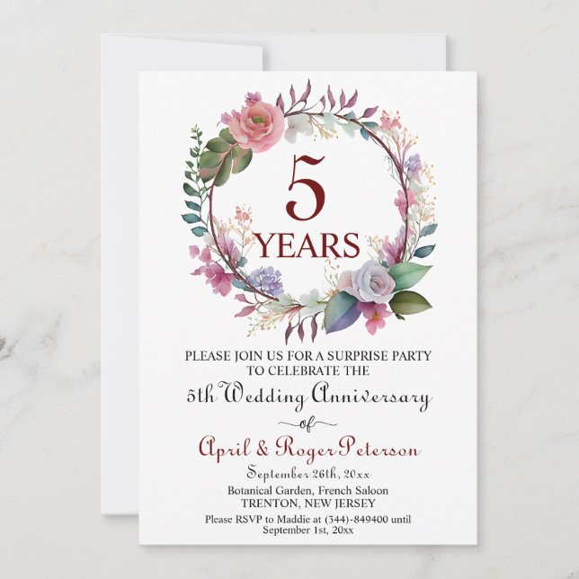 Invitation 5e anniversaire du Mariage surprise du bois (Devant)