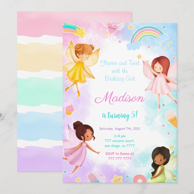 Invitation 5e anniversaire Golden Fairy Party (Devant / Derrière)