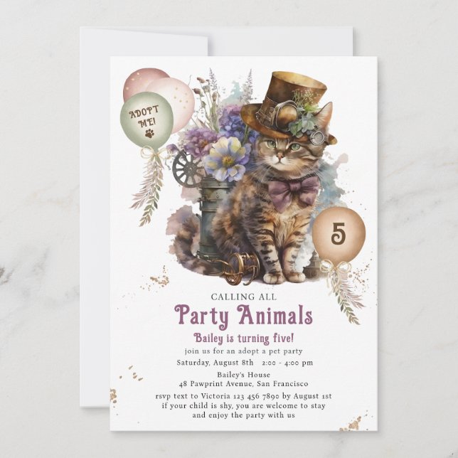 Invitation 5e anniversaire Kitten Cat Pet Adoption Party (Devant)