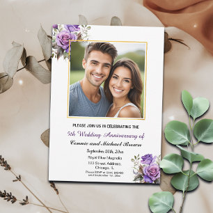 Invitation 5e anniversaire Mariage Gold Frame Roses violets