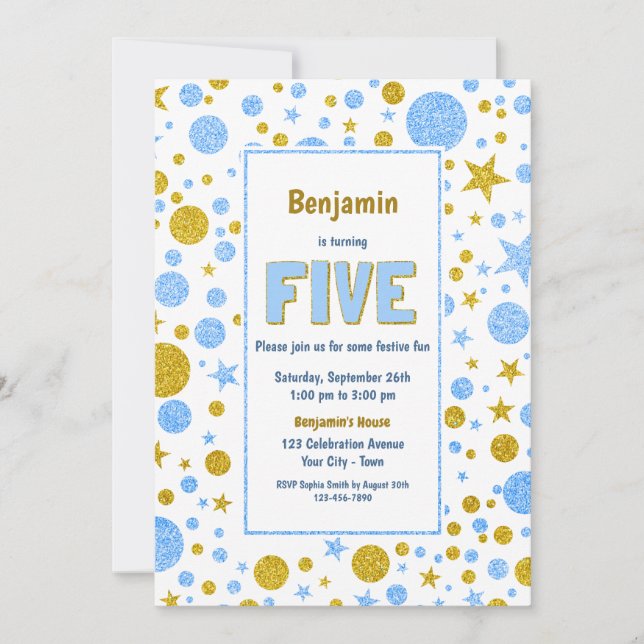 Invitation 5e anniversaire Parties scintillant bleue et or (Devant)