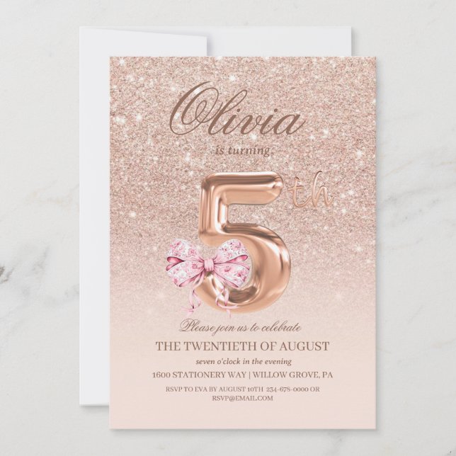 Invitation 5e anniversaire Rose rose or Bow fête d'anniversai (Devant)