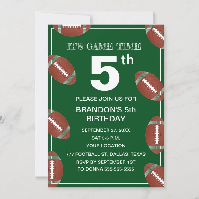 Invitation 5e fête d'anniversaire Football Vert Sport Enfants (Devant)