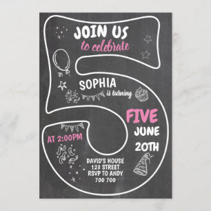 Invitation 5e Fille Anniversaire Chalkboard Pink Numéro