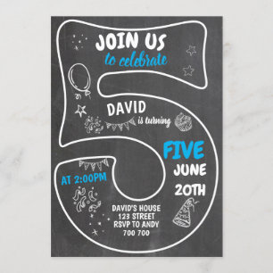 Invitation 5e Garçon Birthday Chalkboard Blue Numéro