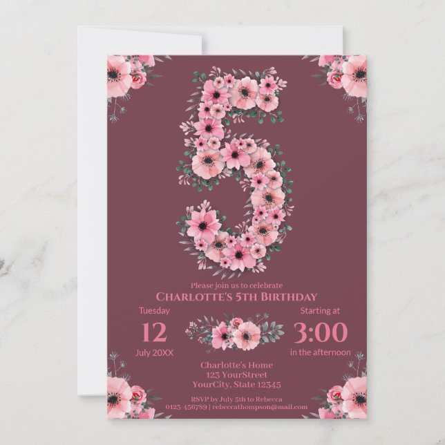 Invitation 5e Grand Anniversaire Fleurs roses Volage vert (Devant)